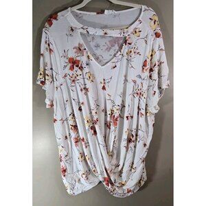 Maurices 24/7 White Floral Print Cut Out Twisted Hem Short Sleeve Blouse Sz 3X